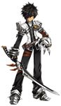  absurdres artist_request belt black_gloves black_hair black_pants closed_mouth elsword expressionless full_body gloves hair_over_one_eye highres holding holding_sword holding_weapon jacket looking_at_viewer male_focus mechanical_arm messy_hair official_art pants raven_(elsword) shoes solo standing sword sword_taker_(elsword) transparent_background weapon white_jacket yellow_eyes 