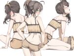  1girl absurdres ahoge aqua_eyes ass back backboob bare_arms bare_legs bare_shoulders barefoot between_legs blush breasts brown_hair butt_crack camisole commentary contrapposto crop_top dolphin_shorts ebi_frion_(natsuiro_matsuri) facing_up food frilled_camisole frills from_behind from_side hair_ornament hair_scrunchie hand_on_own_hip highres hololive hunched_over leaning_forward long_hair looking_at_viewer looking_back mascot median_furrow medium_breasts micro_shorts midriff multiple_views nape natsuiro_matsuri natsuiro_matsuri_(matsuri's_day_off) navel nose_blush open_mouth orange_shorts ponytail profile raised_inner_eyebrows ribbed_camisole scarlet_(wv0102) scrunchie seiza shorts shoulder_blades shrimp shrimp_tempura side_ponytail side_slit sideways_glance sideways_mouth simple_background single_off_shoulder sitting sleepwear spread_legs standing strap_slip stuffed_animal stuffed_lion stuffed_toy sweatdrop symbol-only_commentary taut_clothes taut_shorts tears tempura toes turning_head variant_set virtual_youtuber white_background yawning yellow_camisole yellow_scrunchie yellow_shorts 