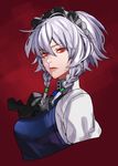  ascot black_neckwear blue_vest braid breasts closed_mouth commentary_request cropped_torso eyebrows_visible_through_hair from_side hair_between_eyes highres izayoi_sakuya large_breasts lips looking_at_viewer looking_to_the_side maid_headdress purple_hair red_background red_eyes silver_hair solo tenobe touhou twin_braids vest 