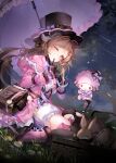 2girls absurdres animal_ears ankle_boots arknights baby_animal bag basket black_gloves black_hat black_thighhighs bloomers boots brown_hair character_doll chinese_commentary commentary_request doctor_(arknights) doll dress eyjafjalla_(arknights) eyjafjalla_(fluffy_little_witch)_(arknights) finger_to_mouth fur-trimmed_boots fur_trim gloves grin hat highres holding holding_umbrella horns kneeling lamb long_hair looking_at_viewer multiple_girls my_sweet_piano night night_sky one_eye_closed onegai_my_melody parasol pink_dress red_eyes sanrio schwarz_yan sheep sheep_ears sheep_girl sheep_horns shooting_star sky smile star_(sky) starry_sky thighhighs top_hat umbrella very_long_hair white_bloomers 