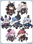  6+girls ahoge amane_kanata animal animal_ear_fluff animal_ears animal_on_head arm_up bird black_boots black_gloves black_hair black_hat black_jacket black_skirt blue_eyes blue_hair blue_jacket boots border brown_eyes card chibi commentary_request crow_(la+_darknesss) fold-over_boots gloves gradient_hair green_eyes grey_border grey_hair greyscale hand_on_headwear hat heterochromia himemori_luna holding holding_card hololive hoshimachi_suisei houshou_marine jacket knee_boots la+_darknesss lion_ears lion_girl lion_tail mini_hat mini_top_hat mochimiko monochrome multicolored_hair multiple_girls official_art on_head ookami_mio pink_hair pink_jacket pleated_skirt purple_eyes purple_hair purple_jacket red_eyes red_hair red_jacket sample_watermark shishiro_botan single_hair_intake skirt streaked_hair tail tilted_headwear top_hat two-tone_hair virtual_youtuber watermark white_background wolf_ears wolf_girl wolf_tail 
