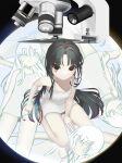  4girls between_legs black_hair dress expressionless from_above hand_between_legs highres legs_folded long_hair looking_at_viewer lying microscope multiple_girls on_back original parted_bangs partially_colored short_dress sitting test_norma1 white_dress 