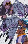  1boy 1girl antennae blue_eyes blue_hair crossed_arms dark-skinned_female dark_skin earrings golisopod guzma_(pokemon) highres hoop_earrings jewelry navel nessa_(pokemon) pokemon pokemon_(creature) pokemon_sm pokemon_swsh riodrawsstuff squatting team_skull watch white_hair wristwatch 