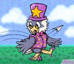  beak blue_body blue_feathers bow_tie claws clothed clothing cloud colored_nails feathers feet generation_5_pokemon grass happy hat headgear headwear kimmy_(psykwol) male nails nintendo open_beak open_mouth painted_claws pantsless paper_airplane papercraft plant pokemon pokemon_(species) psykwol purple_claws purple_clothing purple_shirt purple_top_hat purple_topwear rufflet shirt sky skyscape solo star_eyes star_pattern tail tail_feathers talons tan_body tan_feathers toes top_hat topwear walking winged_arms wings yellow_talons 