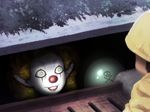  balloon child clown clown_nose commentary_request cosplay green_eyes grin hat horror_(theme) it_(stephen_king) mizuhashi_parsee orange_hair outdoors pennywise pennywise_(cosplay) pointy_ears raincoat sewer_grate shirosato skull_and_crossbones smile touhou wide-eyed 
