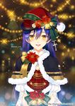  bangs bell blue_hair capelet christmas christmas_ornaments christmas_tree cross flower fur_trim hair_between_eyes hat long_hair looking_at_viewer love_live! love_live!_school_idol_festival love_live!_school_idol_project open_mouth plaid santa_hat smile solo sonoda_umi striped trianon twitter_username yellow_eyes 