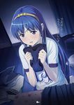  blue_eyes blue_hair bottomless buruma buruma_removed clothes_on_floor clothes_removed commentary_request dark hairband hiyori_mizuki holding long_hair original ribbon school_uniform serafuku shirt sitting skirt solo translation_request white_shirt 