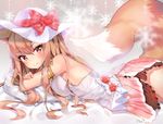  &gt;:) animal_ears armlet artist_name bangs bare_arms bare_shoulders bed_sheet blush bow breast_press breasts character_request cheli_(kso1564) closed_mouth eyebrows_visible_through_hair fox_ears fox_tail hair_bow hat kitsune layered_skirt long_hair looking_at_viewer looking_to_the_side mabinogi medium_breasts orange_hair pillow pink_skirt red_bow red_eyes shirt sideboob skirt sleeveless sleeveless_shirt snowflake_background sun_hat tail v-shaped_eyebrows very_long_hair white_shirt 
