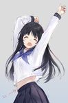  arms_up bangs belly_peek black_hair black_skirt blue_neckwear blush closed_eyes directional_arrow eyebrows_visible_through_hair grey_background long_hair long_sleeves macciatto_(aciel02) midriff neckerchief nose_blush open_mouth original school_uniform serafuku shirt simple_background skirt solo straight_hair stretch translated twisted_torso upper_body white_shirt yawning 