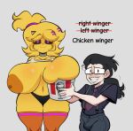 anthro arm_hair big_breasts blush blush_lines bodily_fluids body_hair breasts bulge chicken chiku_(cryptiacurves) duo eyes_closed female fredina&#039;s_nightclub huge_breasts human kfc kfc_bucket larger_female looking_at_viewer male mammal nervous nervous_smile sharp_teeth size_difference smaller_male spunkmcfunk sweat sweatdrop teeth thick_thighs