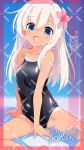  1girl adversarial_noise artist_name blonde_hair blue_eyes character_name commentary_request competition_school_swimsuit feet_out_of_frame flower hair_flower hair_ornament highres inaba_shiki kantai_collection long_hair looking_at_viewer one-piece_tan open_mouth ro-500_(kancolle) school_swimsuit signature smile solo swimsuit tan tanlines watermark watermark_grid 