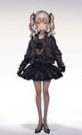  bangs black_choker black_footwear black_gloves black_jacket black_skirt choker closed_mouth gloves gradient gradient_background grey_background high_heels highres jacket lm7_(op-center) open_clothes open_jacket original red_eyes short_hair silver_hair skirt solo standing 