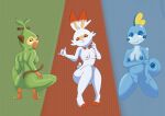 absurd_res anthro bedroom_eyes bent_legs blue_body breasts crossed_arms female fur game_freak generation_8_pokemon genitals green_body green_fur grookey group hand_on_butt hand_on_hip haplorhine hi_res huge_filesize lagomorph leporid lizard mammal monkey multiple_poses narrowed_eyes nintendo pokemon pokemon_(species) pose primate rabbit reptile scalie scorbunny seductive shy sobble tail thebolo trio vulva white_body white_fur