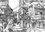  absurdly_detailed_composition absurdres building commentary_request complex_exterior greyscale highres lineart monochrome original outdoors pen_(medium) people power_lines scenery sign streetcar traditional_media traffic traffic_light translation_request urban utility_pole yamaguti 
