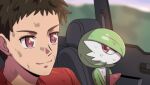  1boy 1girl anime_coloring bob_cut brown_hair car_interior closed_mouth colored_skin commentary derivative_work flat_chest gardevoir green_hair green_skin hair_over_one_eye happy jazz_jack looking_afar looking_at_another looking_to_the_side multicolored_skin one_eye_covered pokemon pokemon_(anime) pokemon_(creature) poketoon red_eyes red_shirt scratches screenshot_redraw seatbelt shirt short_hair sitting smile split_mouth two-tone_skin upper_body white_skin yuugo_(pokemon) 