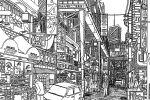  absurdly_detailed_composition absurdres building car cityscape commentary_request complex_exterior greyscale highres lineart monochrome motor_vehicle original outdoors pen_(medium) people power_lines road road_sign scenery shopping_district sign skyscraper street traditional_media transformer utility_pole yamaguti 