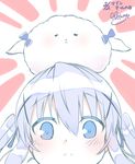  angora_rabbit animal animal_on_head bad_id bad_pixiv_id blue_bow blue_eyes blue_ribbon bow bunny bunny_on_head closed_mouth dated expressionless gochuumon_wa_usagi_desu_ka? hair_ornament hair_ribbon hairclip hetareeji highres kafuu_chino light_blue_hair long_hair looking_at_viewer on_head ribbon sidelocks signature tippy_(gochiusa) twintails twintails_day two-tone_background x_hair_ornament 