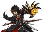  absurdres artist_request belt black_coat black_gloves black_hair black_pants claws clenched_teeth cowboy_shot elsword fighting_stance gloves highres holding holding_sword holding_weapon jewelry long_hair looking_at_viewer male_focus mechanical_arm multicolored_hair necklace official_art orange_eyes outstretched_hand pants raven_(elsword) red_hair reverse_grip scar solo streaked_hair sword teeth transparent_background two-tone_hair veteran_commander_(elsword) weapon 