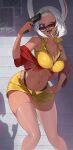 1girl ;d abs absurdres animal_ears bare_shoulders black_panties boku_no_hero_academia breasts cleavage cosplay cowboy_bebop dark-skinned_female dark_skin english_commentary faye_valentine faye_valentine_(cosplay) gun hairband hand_on_own_hip handgun highleg highleg_panties highres holding holding_gun holding_weapon kopam large_breasts lollipop_in_mouth long_eyelashes looking_at_viewer looking_over_eyewear mirko navel off_shoulder one_eye_closed open_mouth panties rabbit_ears rabbit_girl red_eyes red_shirt shirt short_hair shorts sleeveless sleeveless_shirt smile solo stomach sunglasses thick_thighs thighhighs thighs toned toned_female underwear weapon white_hair white_thighhighs yellow_hairband yellow_shirt yellow_shorts 