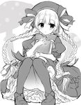  ass bangs beret blush book bow braid dress eyebrows_visible_through_hair fate/extra fate_(series) gothic_lolita greyscale hair_between_eyes hair_bow hat hat_bow lolita_fashion looking_at_viewer low_twintails miko_92 monochrome mushroom nursery_rhyme_(fate/extra) object_hug panties panties_under_pantyhose pantyhose parted_lips petticoat pigeon-toed puffy_short_sleeves puffy_sleeves shoes short_sleeves sitting sketch solo twin_braids twintails underwear 