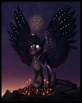  2017 black_feathers black_hair digital_media_(artwork) feathered_wings feathers feline female feral glowing glowing_eyes hair hybrid kitchiki mammal purple_background simple_background sitting white_eyes wings 