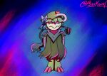  2_toes abstract_background anthro arms_at_sides blue_scarf breloom butterfly_clip claws clothing cybernetic_arm cybernetic_limb cybernetic_tail cybernetics cyborg ellie_(psykwol) eyes_closed feet female generation_3_pokemon green_body green_clothing green_hair green_shirt green_topwear green_tunic hair hands_behind_back leaf leaf_hair machine nintendo plant plant_hair pokemon pokemon_(species) pseudo_hair psykwol red_claws scarf shirt smile solo tan_body tired_expression toes topwear tunic 