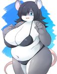  akitaka anthro belly big_breasts bikini black_hair blue_eyes blush breasts clothed clothing cute_fangs fangs female fur grey_fur hair hair_over_eye huge_breasts kemono looking_at_viewer mammal mouse navel open_mouth overweight overweight_female rodent skimpy slightly_chubby solo standing swimsuit thick_thighs voluptuous 