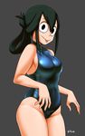  1girl 8-tomb :p absurdres asui_tsuyu boku_no_hero_academia breasts covered_navel cowboy_shot green_hair groin highleg_swimsuit highres medium_breasts skin_tight skindentation solo swimsuit 