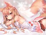  &gt;:) animal_ears armlet artist_name bangs bare_arms bare_shoulders bed_sheet blush breast_press breasts character_request cheli_(kso1564) closed_mouth eyebrows_visible_through_hair fox_ears fox_tail kitsune layered_skirt long_hair looking_at_viewer looking_to_the_side mabinogi medium_breasts orange_hair pillow pink_skirt red_eyes shirt sideboob skirt sleeveless sleeveless_shirt snowflake_background tail v-shaped_eyebrows very_long_hair white_shirt 