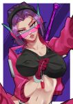  1girl absurdres black_sports_bra breasts commentary covered_nipples english_commentary hayashidraws headphones highres holding holding_jewelry holding_necklace jacket jewelry large_breasts looking_at_viewer marvel marvel_rivals navel necklace official_alternate_costume open_mouth pink-tinted_eyewear pink_jacket pink_shorts psylocke psylocke_(fleeting_butterfly) purple_eyes purple_hair shorts solo sports_bra sunglasses tinted_eyewear 