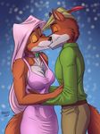  anthro canine disney eyes_closed female fox hat heresy_(artist) hug kissing maid_marian male male/female mammal robin_hood robin_hood_(disney) romantic_couple standing 