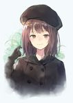  black_gloves black_hat brown_eyes brown_hair coat eyebrows_visible_through_hair gloves hair_ornament hairclip hat highres kobuta long_sleeves looking_at_viewer original short_hair solo 