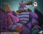 activision age_difference aged_up anthro anthrofied asher_(spyro) ball_grab balloonist_spyro balls beard blush clothing dragon duo eyebrows eyewear eyewear_on_head facial_hair fingerless_gloves foreskin genitals glasses gloves goggles goggles_on_head handwear heart_symbol hi_res horn humanoid_genitalia humanoid_penis jewelry looking_at_viewer looking_pleasured low-angle_view male male/male markings multicolored_body muscular muscular_anthro muscular_male mythological_creature mythological_scalie mythology necklace older_male oral penis pince-nez purple_body rescued_dragons_(spyro) scale_markings scales scalie sex signature smashed_(artist) speech_bubble spyro spyro_reignited_trilogy spyro_the_dragon thick_eyebrows tongue two_tone_body vein veiny_penis ventral_scales wings