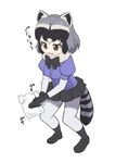  animal_ears bag bangs black_bow black_footwear black_gloves black_hair black_neckwear black_skirt bow bowtie brown_eyes commentary_request common_raccoon_(kemono_friends) dangorou_(yushi-art) eyebrows eyebrows_visible_through_hair eyelashes fur_collar gloves grey_hair hair_between_eyes kemono_friends legs_apart loafers looking_away miniskirt motion_lines multicolored_hair no_nose official_style pantyhose plastic_bag pleated_skirt puffy_short_sleeves puffy_sleeves purple_shirt raccoon_ears raccoon_tail shirt shoes short_hair short_sleeves silver_hair silver_legwear simple_background skirt solo standing tail tatsuki_(irodori)_(style) tsurime white_background 