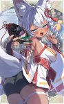  1girl animal_ear_fluff animal_ears armpit_crease bell black_bridal_gauntlets black_shorts blonde_hair blue_eyes blue_hair braid breasts bridal_gauntlets commentary_request commission dark-skinned_female dark_skin detached_sleeves fang fox_ears fox_girl fox_tail hair_bell hair_ornament hair_ribbon hand_fan highres holding holding_fan japanese_clothes jingle_bell kimono long_sleeves looking_at_viewer medium_breasts medium_hair multicolored_hair open_mouth original red_ribbon ribbon ribbon-trimmed_sleeves ribbon_trim short_kimono shorts single_braid skeb_commission skindentation sleeveless sleeveless_kimono smile solo tail thigh_strap trente white_hair white_kimono white_sleeves wide_sleeves 