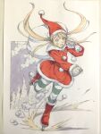  1girl blonde_hair blue_eyes boots christmas cloud commentary drawstring dress full_body fur-trimmed_boots fur-trimmed_dress fur_trim gloves green_thighhighs hand_up hat highres holding holding_sack hood hood_down hooded_dress ice_skates ice_skating leg_up long_hair open_mouth original peter_salt pine_tree pom_pom_(clothes) red_boots red_dress sack santa_costume santa_hat skates skating smile solo standing standing_on_one_leg striped_clothes striped_thighhighs thighhighs traditional_media tree twintails white_gloves 