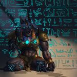 abdominal_scar absurd_res ambiguous_fluids amputee anthro anubian_jackal anubis armor black_body blue_claws blue_eyes bottomwear bracelet breastplate broken_armor cable canid canine canis claws clothing deity disability egyptian egyptian_clothing egyptian_headdress egyptian_mythology facial_scar finger_claws glowing glowing_eyes gold_(metal) gold_bracelet gold_jewelry hi_res hieroglyphics jackal jewelry male mammal middle_eastern_mythology missing_arm missing_leg mythology nemes_(clothing) orange_bottomwear orange_clothing saberzelgrath scar shendyt snout snout_scar solo spaulder temple triple_amputee usekh wall_(structure) wire wounded