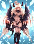  alternate_color armor bikini_armor blonde_hair chain commentary_request dark_skin dragon_tail frofrofrost gradient_hair highres horns long_hair multicolored_hair navel orange_eyes orange_hair personification phantasy_star phantasy_star_online_2 pointy_ears polearm solo spear tail very_long_hair weapon wings 