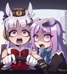  2girls absurdres animal_ears aqua_bow aqua_bowtie aqua_ribbon armband black_jacket blunt_bangs bow bowtie breasts brown_hat car dress driving ear_bow ear_ribbon ears_down frilled_jacket frills gloves gold_ship_(red_strife)_(umamusume) gold_ship_(umamusume) grey_hair hat highres holding_another&#039;s_arm horse_ears horse_girl jacket kitnoko long_hair long_sleeves looking_at_viewer mejiro_mcqueen_(frontline_elegance)_(umamusume) mejiro_mcqueen_(umamusume) motor_vehicle multiple_girls nervous_sweating open_mouth pillbox_hat purple_bow purple_eyes purple_hair red_armband red_dress ribbon shirt sleeveless sleeveless_dress steering_wheel striped_armband striped_clothes sweat teeth umamusume white_armband white_gloves 