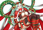  aqua_hair black_legwear bow braid breasts cleavage fate/grand_order fate_(series) gloves gold_trim green_hair green_trim hair_bow hair_ribbon horns hozenkakari large_breasts light_smile long_horns md5_mismatch multicolored_hair pinstripe_legwear pointy_ears purple_eyes red_gloves red_hair red_legwear red_ribbon ribbon santa_costume simple_background solo thighs tiamat_(fate/grand_order) twin_braids two-tone_hair underboob white_background 