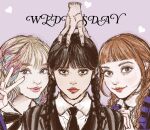  1other 3girls agnes_demille black_bow black_bowtie black_hair black_jacket black_necktie blonde_hair blue_jacket bow bowtie braid brown_hair character_name closed_mouth collared_shirt copyright_name disembodied_hand enid_sinclair freckles hand_on_another's_head illust2222 jacket long_hair medium_hair multicolored_hair multiple_girls necktie pink_lips purple_background red_lips shirt smile stitched_hand streaked_hair striped_clothes striped_jacket the_addams_family thing_(the_addams_family) twin_braids upper_body v wavy_hair wednesday_(netflix) wednesday_addams white_shirt 