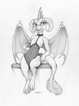  2017 3_toes anthro claws clothing curved_horn digitigrade dragon ecmajor eyebrows eyelashes female friendship_is_magic greyscale horn licking licking_lips membranous_wings monochrome my_little_pony princess_ember_(mlp) scales simple_background smile solo swimsuit toes tongue tongue_out white_background wings 