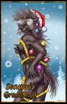  2017 abstract_background anthro breasts butt christmas christmas_decorations ear_piercing eyewear female glasses hand_on_breast hand_on_hip hat holidays looking_at_viewer looking_back mammal mostly_nude nipples piercing porcupine pussy rear_view rodent santa_hat small_breasts smile solo style_wager tanya_quille text 