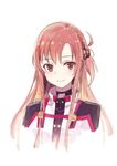  asuna_(sao) bangs brown_eyes brown_hair closed_mouth commentary_request cropped_torso eyebrows_visible_through_hair hair_ornament highres jacket kobuta looking_at_viewer simple_background smile solo sword_art_online upper_body white_background 