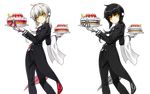  alternate_hair_color april_fools black_hair black_pants black_suit butler cake cowboy_shot dual_persona elsword eve_(elsword) expressionless female_butler food forehead_jewel formal fruit gloves highres holding long_hair looking_at_viewer multiple_girls official_art pants plate ponytail ress reverse_trap strawberry striped suit towel transparent_background vertical_stripes white_gloves white_hair yellow_eyes 