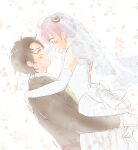  1boy 1girl anya_(spy_x_family) black_hair black_jacket bow bridal_veil commentary_request damian_desmond dress earrings elbow_gloves gloves green_eyes hair_bow hana_(hanauta1110) hetero highres husband_and_wife jacket jewelry pink_hair signature smile spy_x_family tuxedo veil white_dress white_gloves 