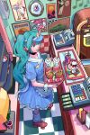  1girl apron aqua_eyes aqua_hair calilo cash_register checkered_floor choker clock commentary counter cup diner disposable_cup donut dress drinking_straw food french_fries frilled_dress frills from_above full_body hatsune_miku highres holding holding_tray ice_cream jukebox kagamine_rin kasane_teto ketchup ketchup_bottle leg_warmers long_hair mesmerizer_(vocaloid) mustard mustard_bottle nail_polish poster_(object) restaurant roller_skates sauce_packet short_sleeves skates smile soda_fountain solo spoon striped_clothes striped_dress sundae tile_floor tiles tray twintails very_long_hair visor_cap vocaloid wafer_stick waist_apron waitress wall_clock wrist_cuffs 