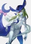  arcana_heart arcana_heart_3 bare_arms bare_shoulders blonde_hair blue_skin bow breasts character_request commentary_request grey_background head_tilt highres kobuta long_hair looking_at_viewer monster_girl navel parted_lips pink_bow pistrix pointy_ears shark_girl slit_pupils small_breasts solo standing tail tail_bow water yellow_eyes 