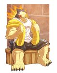  5_toes abs anthro biceps black_claws blue_eyes claws clothed clothing digital_media_(artwork) fur hair hairy kenneth_(greeneyedt) male manly muscular muscular_male nintendo pecs pok&eacute;mon pok&eacute;mon_(species) rikitsu sauna shorts smile solo sweat toe_claws toes tuft typhlosion video_games 