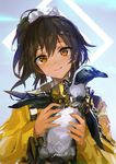  animal backpack bag bird brown_eyes brown_hair closed_mouth commentary_request dark_skin hair_between_eyes head_tilt holding holding_animal lm7_(op-center) long_sleeves looking_at_viewer one_eye_closed original penguin short_hair smile solo 